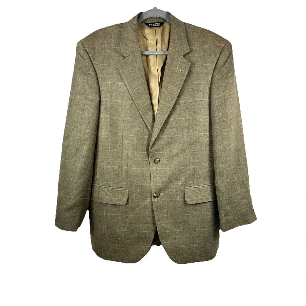 Jos. A. Bank 40R Silk Wool Blazer Windowpane Sport‎ Coat Dark Academia Tan Green